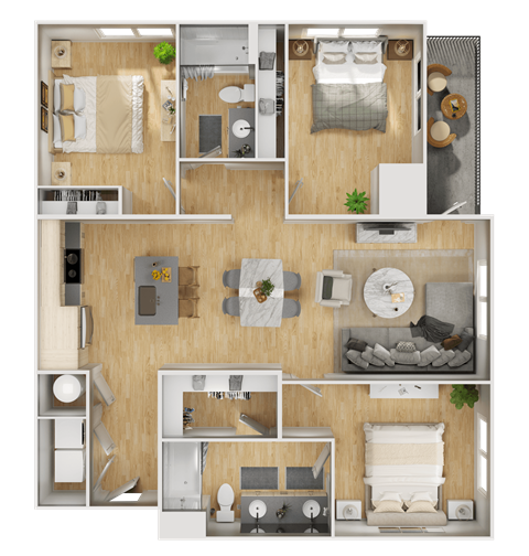 Floor plan for 3 beds, 2 baths, 1264 sqft